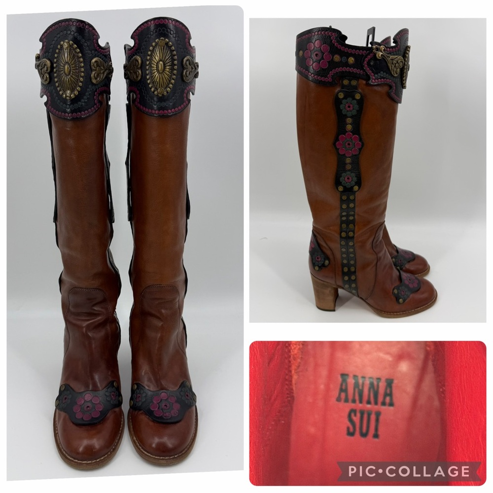 Anna Sui Unique Rare Leather Boots Leather/Metallic Embellishments Size EU 38